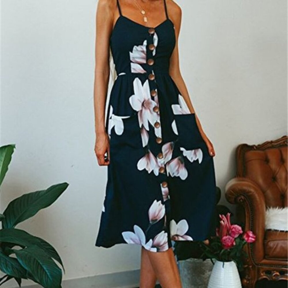 NEW!! Sizes 10 Vintage Casual Sundress-Magnolia Print in Navy Blue